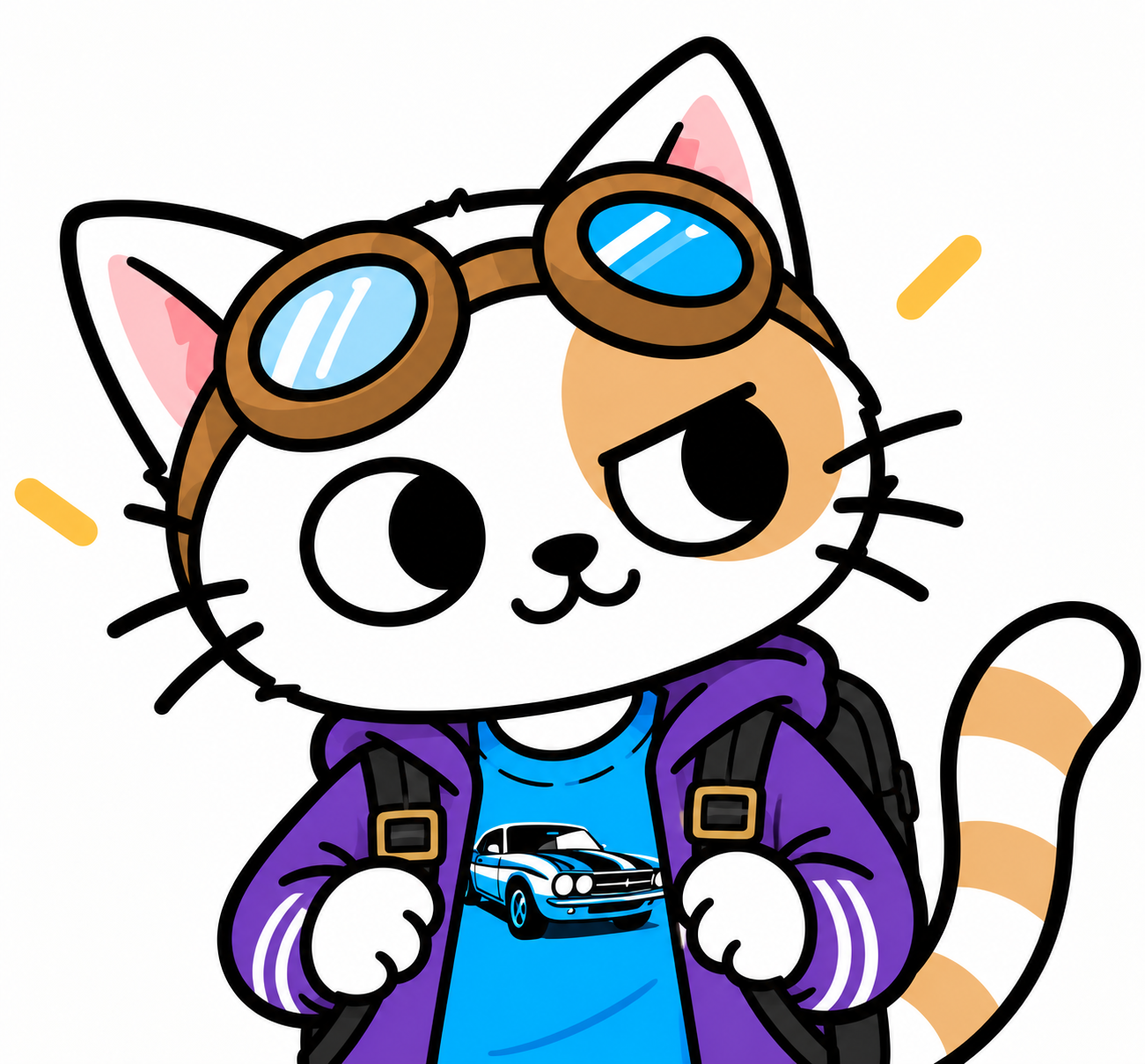 White and tan cat in aviator goggles and a purple jacket